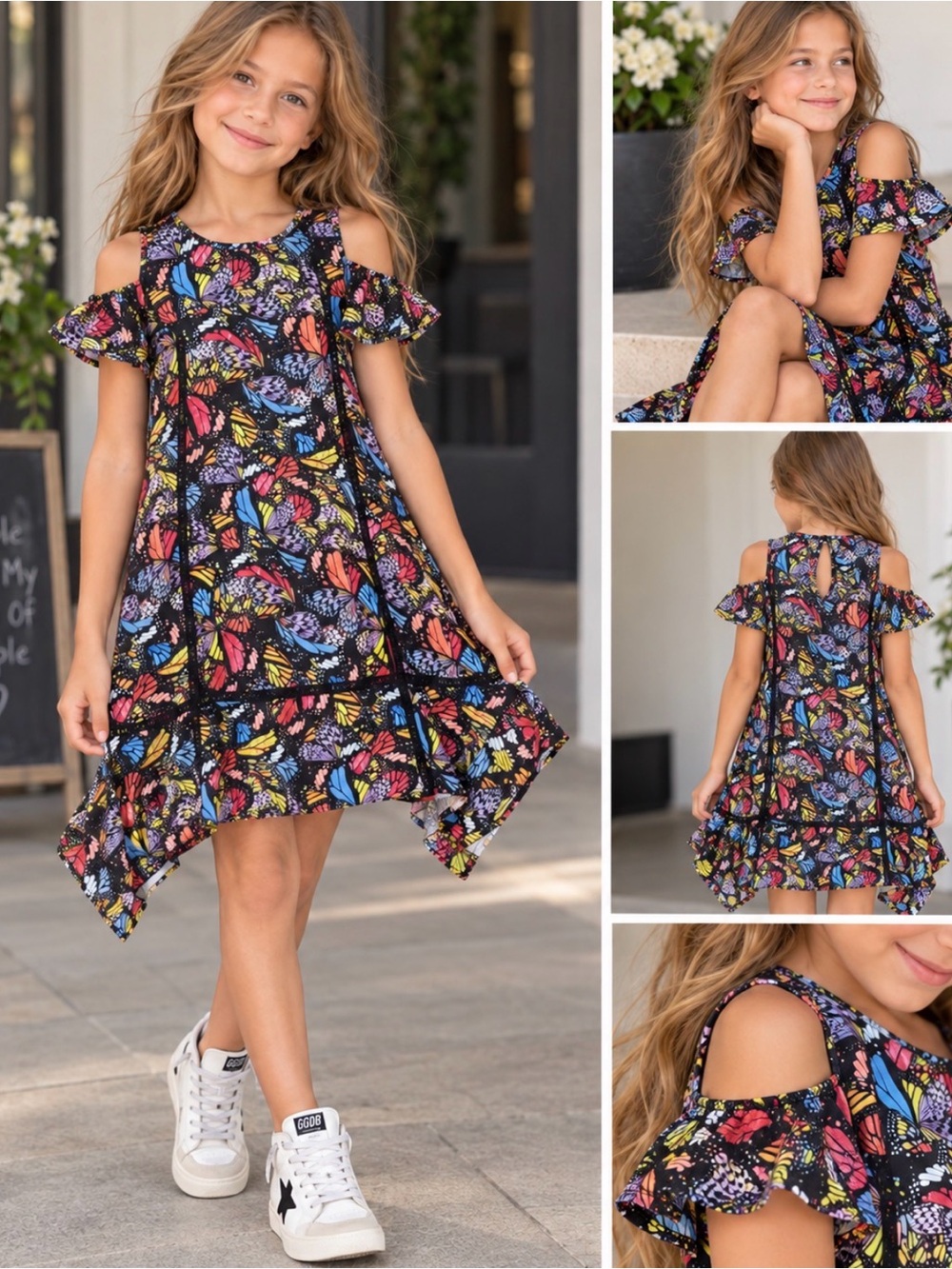 CUTEST Girls Black Butterfly Cold-Shoulder Swing Dress Sz L New Price Firm!